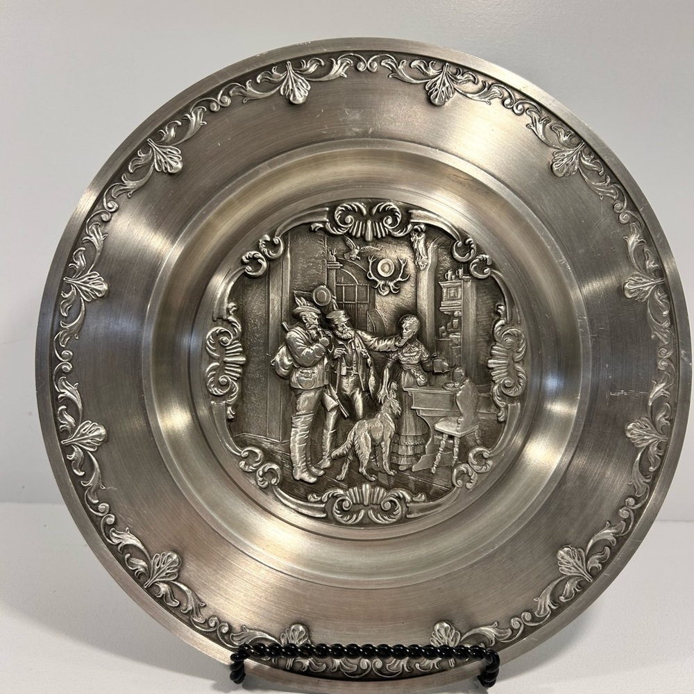 Vintage SKS Zinn German Pewter Wall Plate – Ornate Relief Scene – 9” Decorative